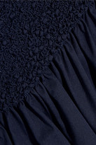 Thumbnail for your product : Cédric Charlier Ruffled Smocked Stretch-cotton Poplin Bustier Top - Navy