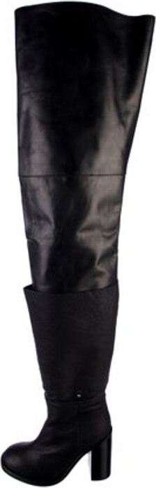 MM6 Maison Margiela Leather Over-The-Knee Boots Black Round-Toes Peg-In-Hole Closure at Uppers Includes Additional Embellishments Unfortunately, due to restrictions, this item may not be eligible for shipping in all areas.