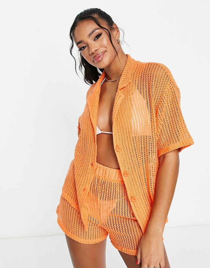 Orange Neon Sheer Top ASOS DESIGN Open Knit Beach Shirt Co-ord In
