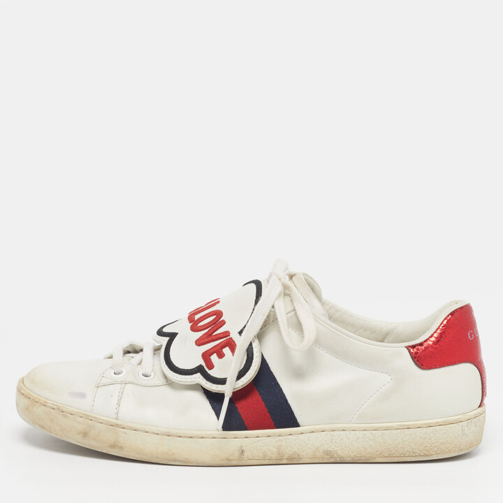 Gucci Ace Size 38.5 White Leather and Python Embossed Blind For Love Patch Low Top Sneakers