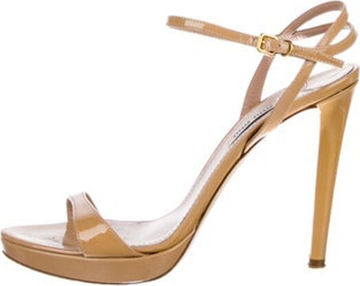 Miu Miu Patent Leather Sandals Neutrals Crystal Embellishments Platform Wrap-Around Straps & Buckle Closure at Ankles Includes Box & Dust Bag