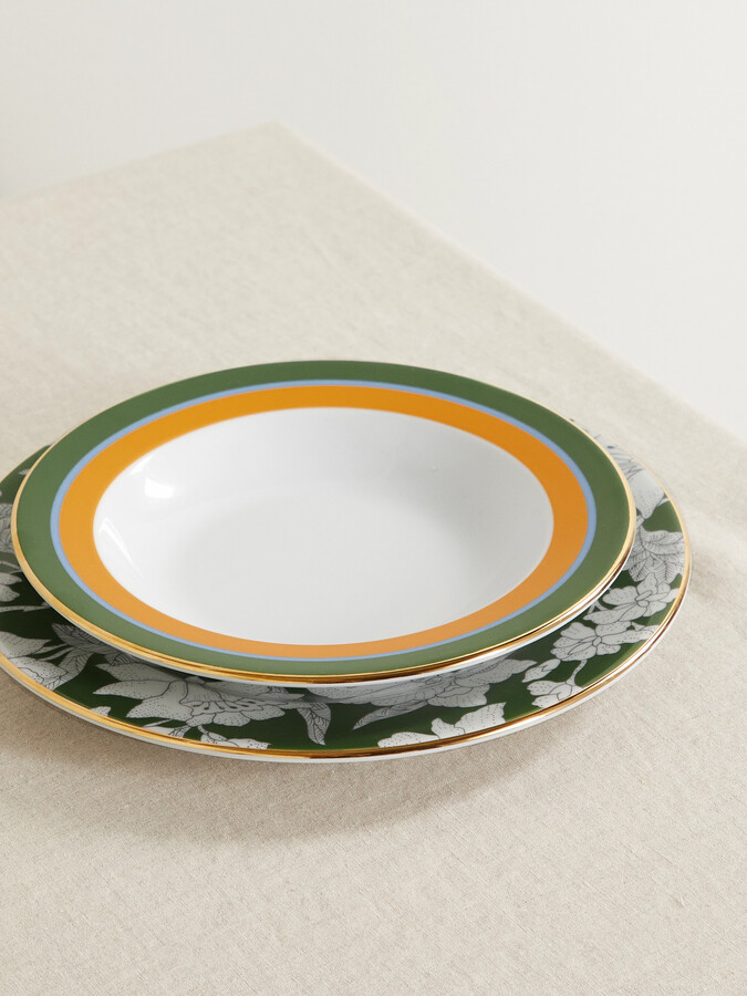 La DoubleJ Libellula Gold-plated Porcelain Soup And Dinner Plate Set - Green
