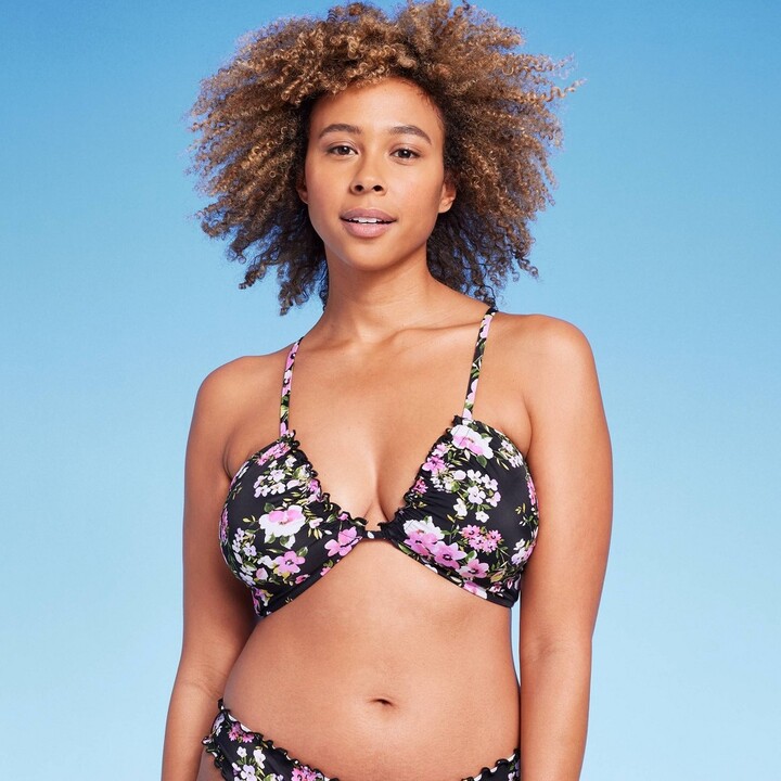 Women's Tunneled Front Ruffle Bikini Top Shade & Shore™ Black Floral