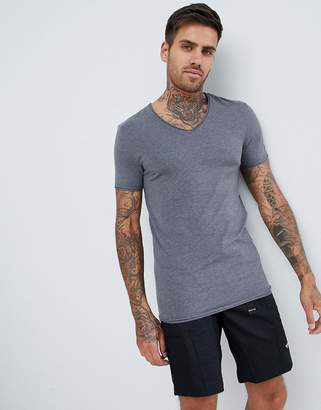 ASOS DESIGN muscle fit t-shirt with v neck and raw edges in gray