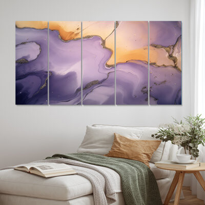 Purple And Gold Marble Ink Clouds X On Metal 5 Pieces Set