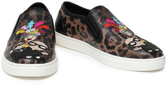 Dolce & Gabbana Appliqued Leopard-print Faux Leather Slip-on Sneakers