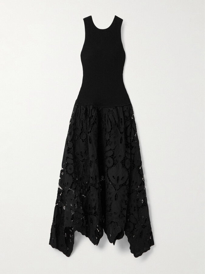 Aje Atlas Asymmetric Ribbed-knit And Guipure Lace Midi Dress - Black