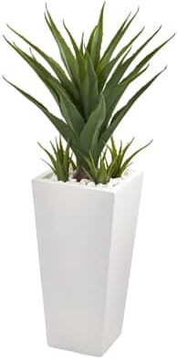 40" Spiky Agave Plant in White Planter By Nearly Natural in Green