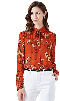 SIXIULIYU 100% Mulberry Silk Shirt Women Tops Print Tree and Bird Long  Sleeve Turn-Down Collar Women Blouse Casual Style (4X-Large) - ShopStyle