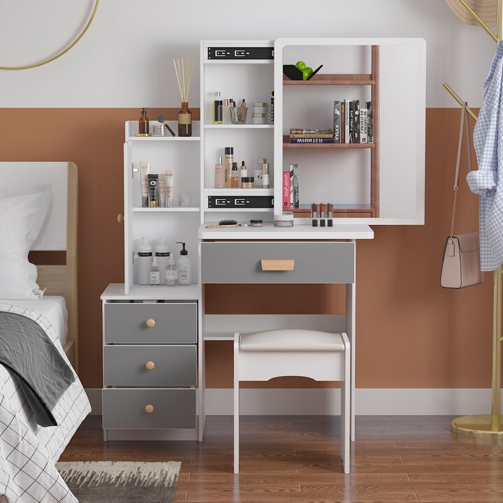 FAMAPY Makeup Vanity Set with Sliding Lighted Mirror Dressing Table