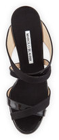 Thumbnail for your product : Manolo Blahnik Varchi Patent Leather and Linen Crisscross Wedge Sandal, Black