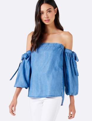 Forever New Cleo Off Shoulder Balloon SleeveTop - Mid Purple Wash - 16