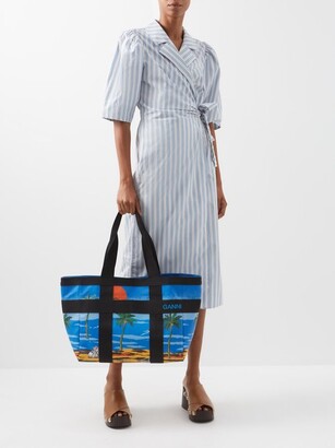 Ganni Beach-print Coated Organic-cotton Canvas Tote Bag - Blue Multi