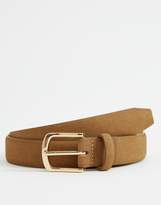 Thumbnail for your product : ASOS Design DESIGN faux suede slim belt in tan with gold buckle