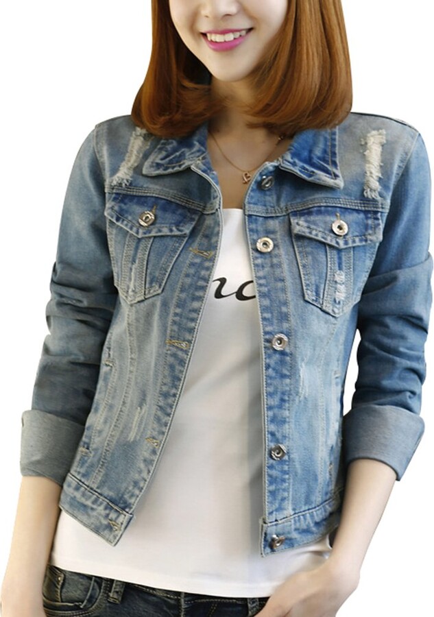 Yasong Women Girls Slim Fitted Button Up Long Sleeve Denim Light Wash Faded Ripped Cropped Jean Jacket Uk 12 Shopstyle