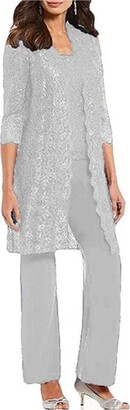Leader of the Beauty Mother of The Bride Dress 3 Pieces Pant Suits Chiffon and Lace Jacket Plus Size Gowns Silver