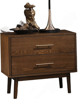 Corrigan Studio Walnut 1pc Nightstand Solid wood Bedside Table Nickle Bar Pulls 2-Drawers Round Tapered Legs Bedroom Modern Style