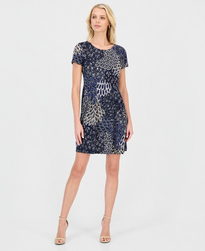 Connected Women's Printed Short-Sleeve Fit & Flare Dress