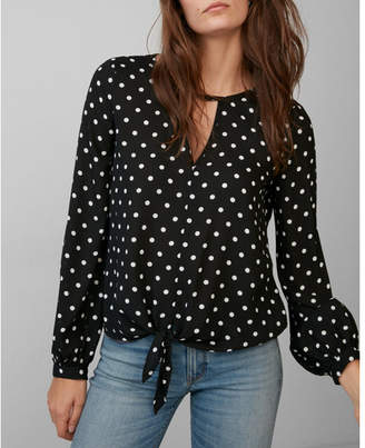 Express petite polka dot tie front cut-out blouse