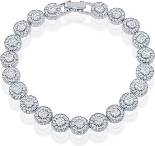 Bella Silver BellaSilverSterlingSilverRoundHaloMicroPaveTennisBracelet-Silver-7Inch