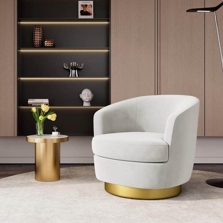 JEAREY Nancy Modern 360° Swivel White Non-falling Velvet Fabric Barrel Accent Armchair for Bedroom or Living Room