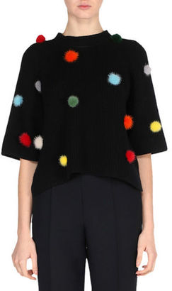 Fendi Elbow-Sleeve Ribbed Cashmere Sweater with Mink Pompoms