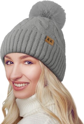 BLURBE Winter Hats for Women - Warm Knitted Bobble Hat Fleece Lined Thermal  Beanie Hats Ladies Soft Ski Cuff Cap with Pom Pom Grey - ShopStyle