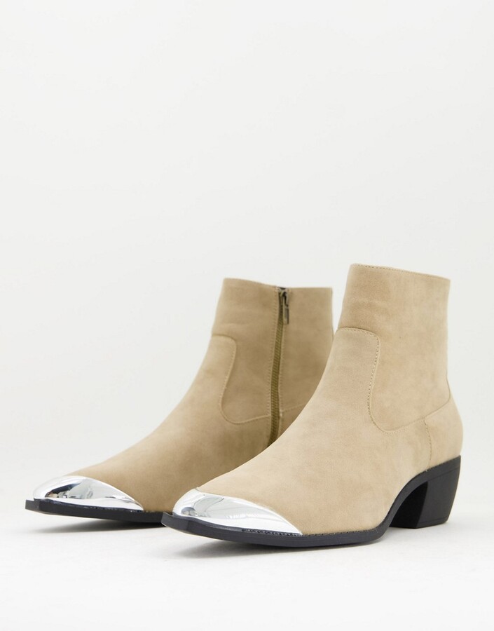 Asos Design Cuban Heel Western Chelsea Boots In Stone Faux Suede With  Angular Sole And Metal Toe Cap - Shopstyle