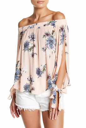 Hip Off-the-Shoulder Tie Sleeve Woven Blouse