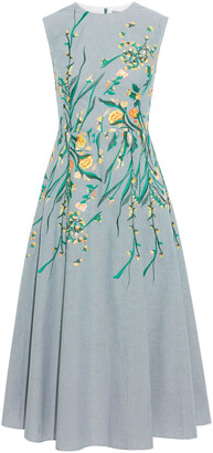 Lela Rose Embroidered Gingham Cotton-poplin Midi Dress