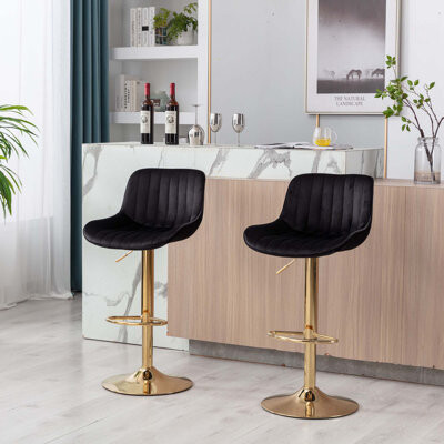 Mercer41 Chrome Footrest and Base Swivel Height Adjustable Mechanical Lifting Velvet + Golden Leg Simple Bar StoolSet of 2