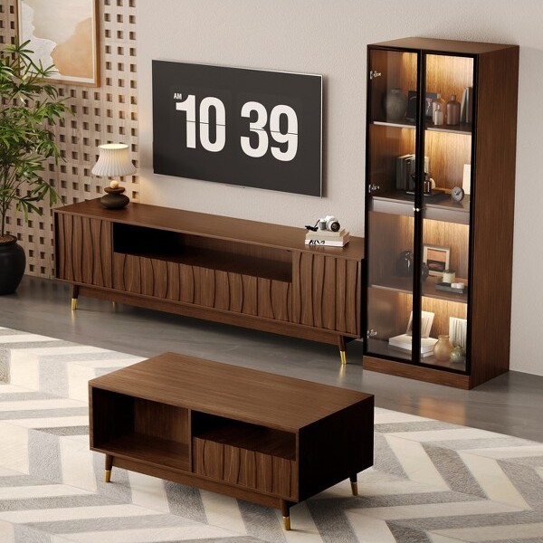 ATJafurnEntertainmentCenter,Mid-CenturyModernLivingRoomFurnitureWoodTVStandandCoffeeTableSetwithGlassDisplayCabinet