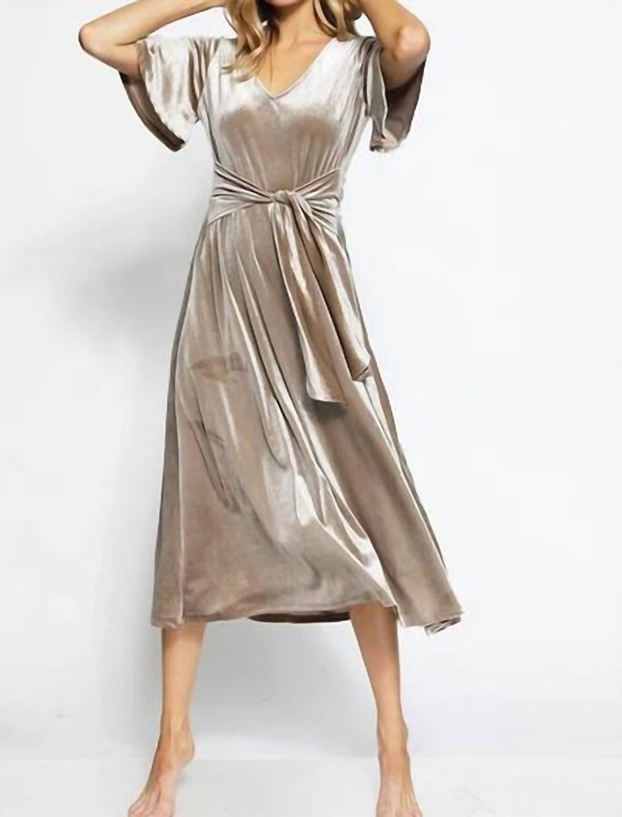 V-Neck Velvet Midi Dress In Champagne