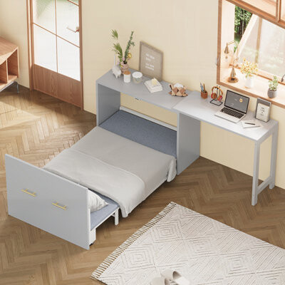 Twin Size Murphy Cabinet Bed with Adjustable Desk and Foldable Cushion for Small Spaces, Guest Rooms, White