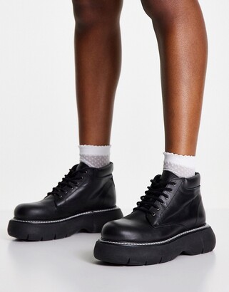Topshop Amber leather chunky lace-up low boots in black