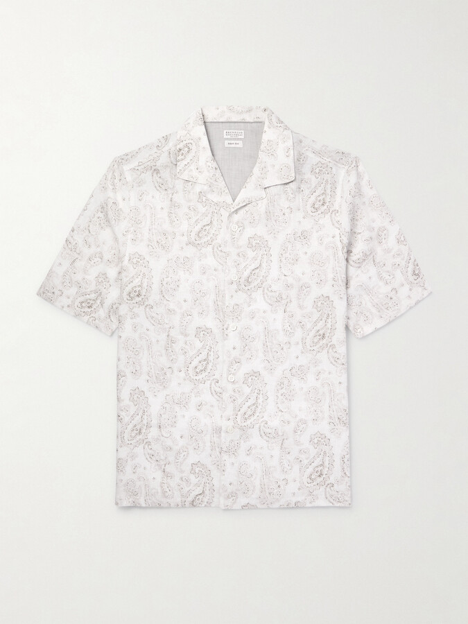 Camp-Collar Paisley-Print Linen Shirt