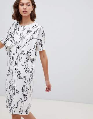 Ichi Marble Print Shift Dress With Ruffle Layer