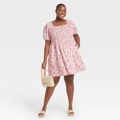 Women's Floral Print Puff Elbow Sleeve Smocked Dress - Universal ThreadTM Cream