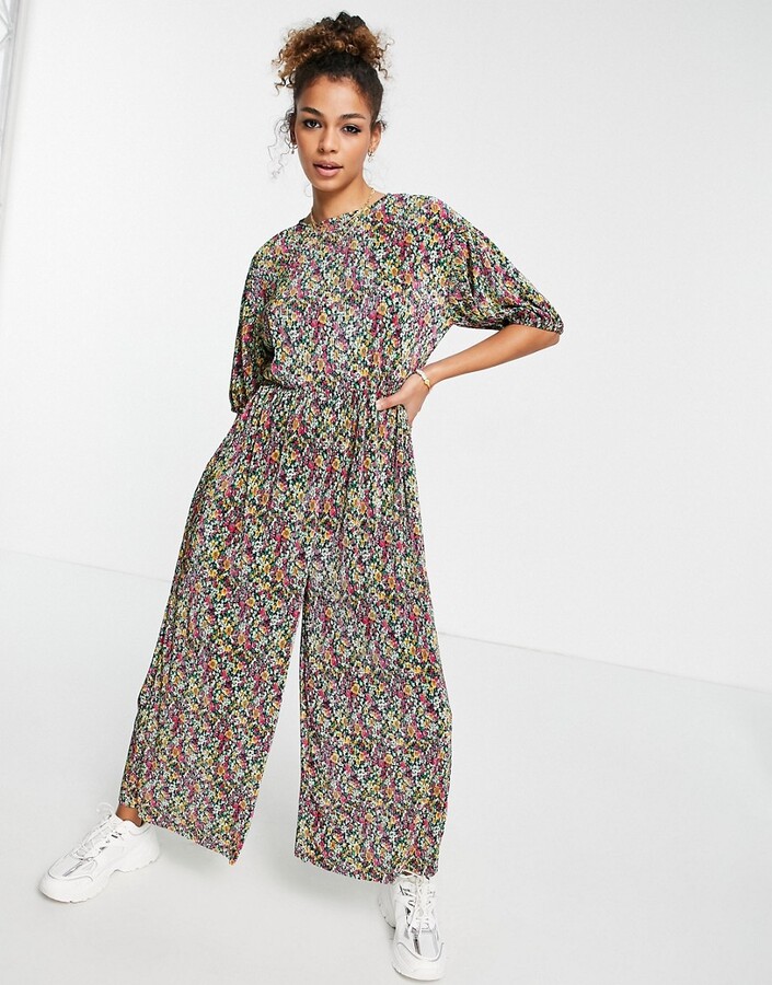 ASOS DESIGN smock plisse jumpsuit in floral print - ShopStyle