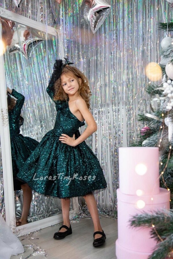 Emerald Baby Dress, Christmas Girl Tutu One Shoulder Gown, Green Princess Photoshoot Couture Outfit, Girl Gift