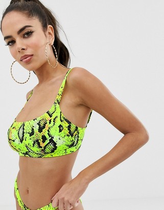 ASOS DESIGN fuller bust mix and match strappy back crop bikini top in neon snake dd-g