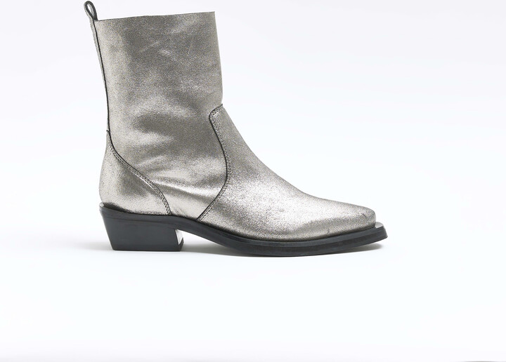 River Island Womens Silver Leather Western Boots ShopStyle