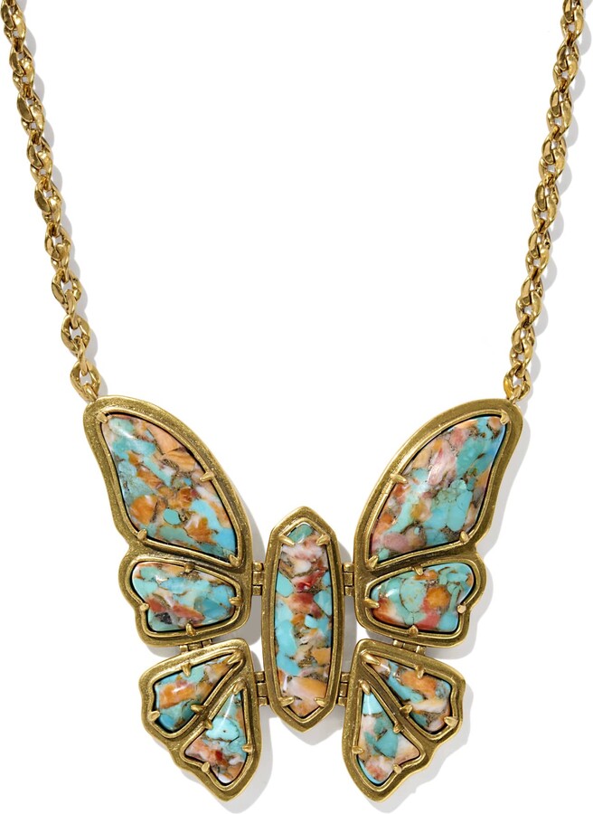 Kendra Scott Ember Vintage Silver Butterfly Statement Necklace in Variegated Turquoise Magnesite | Bronze Veined Magnesite/Metal