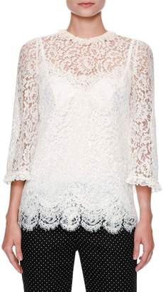 Dolce & Gabbana Floral-Lace 3/4-Sleeve Ruffled Blouse, White