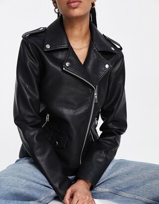 ASOS Topshop Tall faux leather shearling aviator biker jacket in black