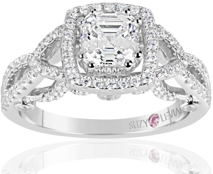 Suzy Levian Sterling Silver Asscher Cut White Cubic Zirconia Engagement Ring