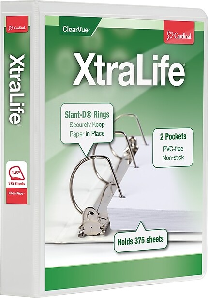 Cardinal XtraLife Heavy Duty 1 1/2" 3-Ring View Binders, D-Ring, White (26310)