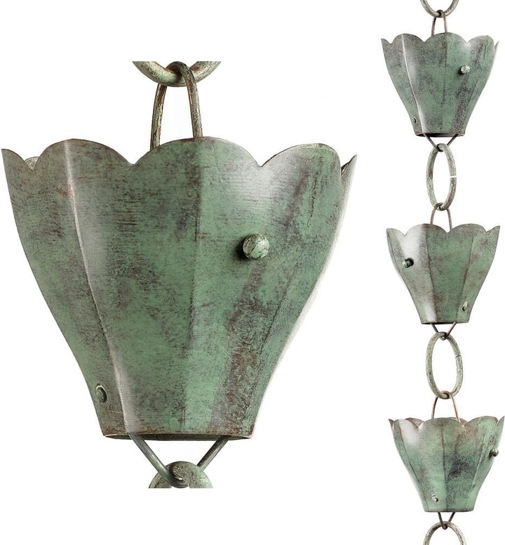 100% Blue Verde Pure Copper Tulip Rain Chain, 8-1/2 ft. Long, 13 Extra Large Cups, Replaces Downspout