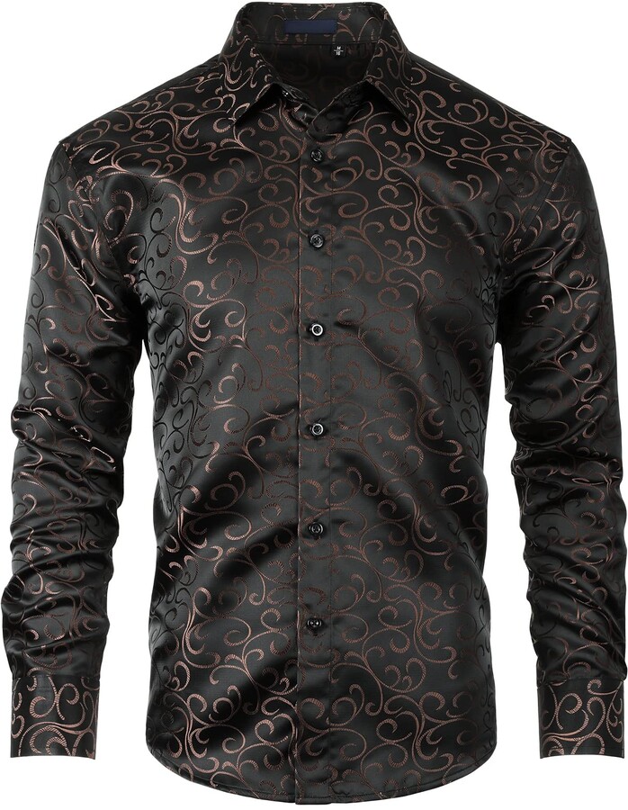 Enlision Men's Paisley Dress Shirts Floral Silk Jacquard Black Satin ...