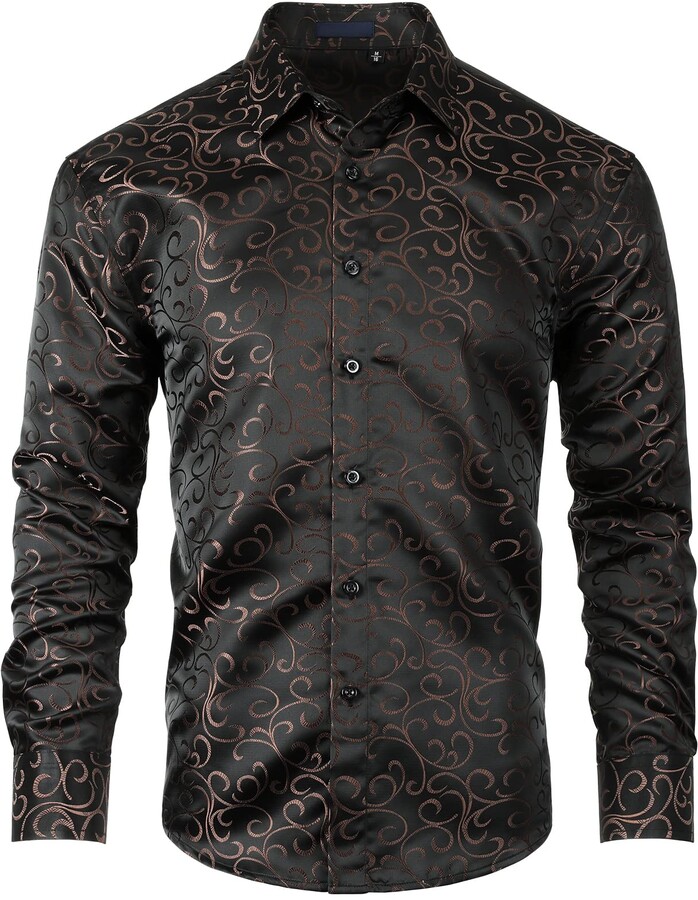 Enlision Men's Paisley Dress Shirts Floral Silk Jacquard Black Satin